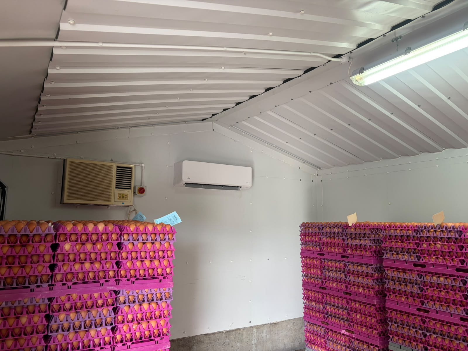 Wall-mounted cooling unit installed in a temperature-controlled egg store